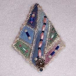 Black, Blue, Silver Diamond Beaded Art Quilt Pin, Pendant, Sue Andrus